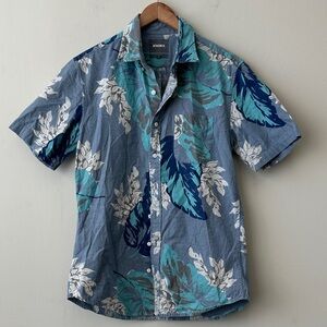Bonobos Blue and White Leaf Print Hawaiian Shirt